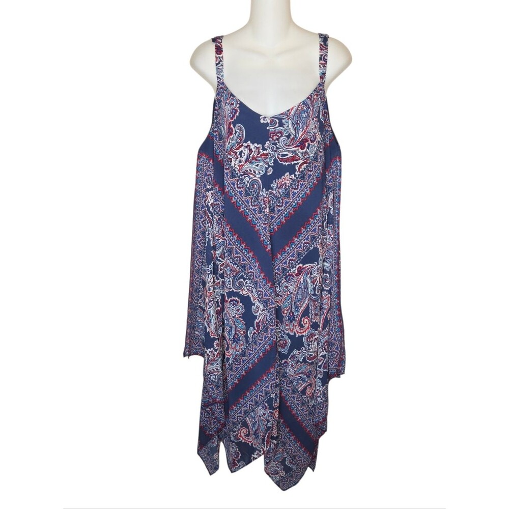 Luxology Boho Paisley Handkerchief Hem Dress Blue Red Size 14 NWOT
